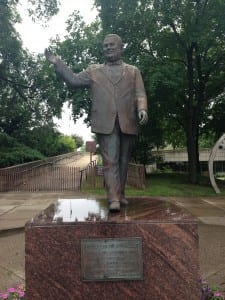 Photo by Zeinab Najm. The statue of former Dearborn Mayor Orville Hubbard sits outside the former City Hall building. ADC-Michigan Director and attorney Fatina Abdrabboh has called for its removal.