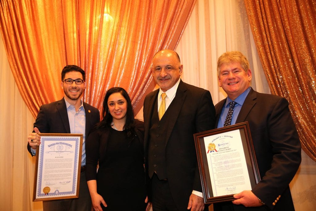 Photo by Steve Wielkopolan Dearborn Public Schools Trustee Hussein Berry (third from left) is honored by state Rep. Abdullah Hammoud (left, D-15th District), Dearborn PTA Council Executive Board President Nofila Haidar and Wayne County Commission Chairman Gary Woronchak (D-Dearborn) during Dearborn PTA Council’s Founders’ Day at Bint Jebail Cultural Center Feb. 17. Berry was recognized with the Michigan PTA Honorary Life Membership Award for his dedication as a PTA supporter over the years. He received the award after essays entered on his behalf for nomination totaled the highest points on a grading scale from the PTA council.
