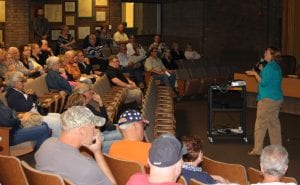 Photo by Sue Suchyta Engineering Project Manager Jennifer Bowyer (right), of Cornerstone Environmental answers questions from Trenton residents about the landfill expansion during a Sept. 11 town hall meeting at Trenton City Hall, 2800 Third St.