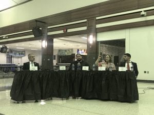 Photo by Zeinab Najm Candidates running for Dearborn Public Schools Board of Education seats answer questions during a election forum Oct. 10 hosted by the Fordson High School Arab Student Union and the Fordson Parent Teacher Student Association at FHS.